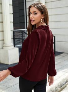 SHEIN Privé Lantern Sleeve Pocket Patched Blouse,Long Sleeve Tops - Burgundy - View 2