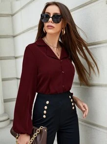 SHEIN Privé Lantern Sleeve Pocket Patched Blouse,Long Sleeve Tops - Burgundy - View 4