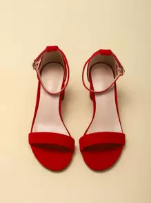 女士高跟凉鞋，新款春夏露趾圆头红色女士高跟鞋，优雅度假风格婚礼派对礼服踝带中跟凉鞋 - 紅色 - 查看 2