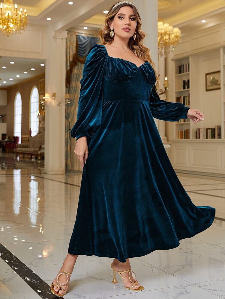 long sleeve ruched velvet dress Vintage Square Neck Ruched Velvet High Slit Bodycon Long Sleeve Maxi Dress For Women 2026