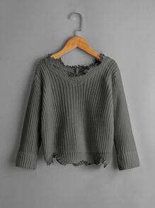 女孩落肩袖破洞毛衣 - 灰色 - 查看 1