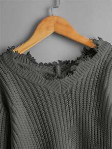 女孩落肩袖破洞毛衣 - 灰色 - 查看 4