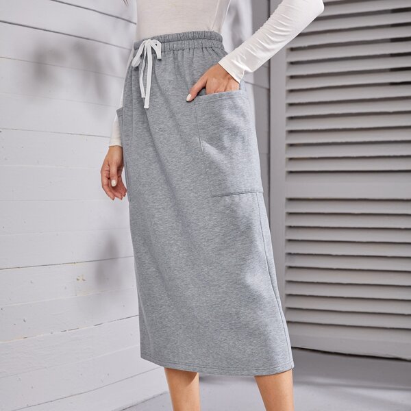 

Tie Waist Patch Pocket Skirt, Light grey