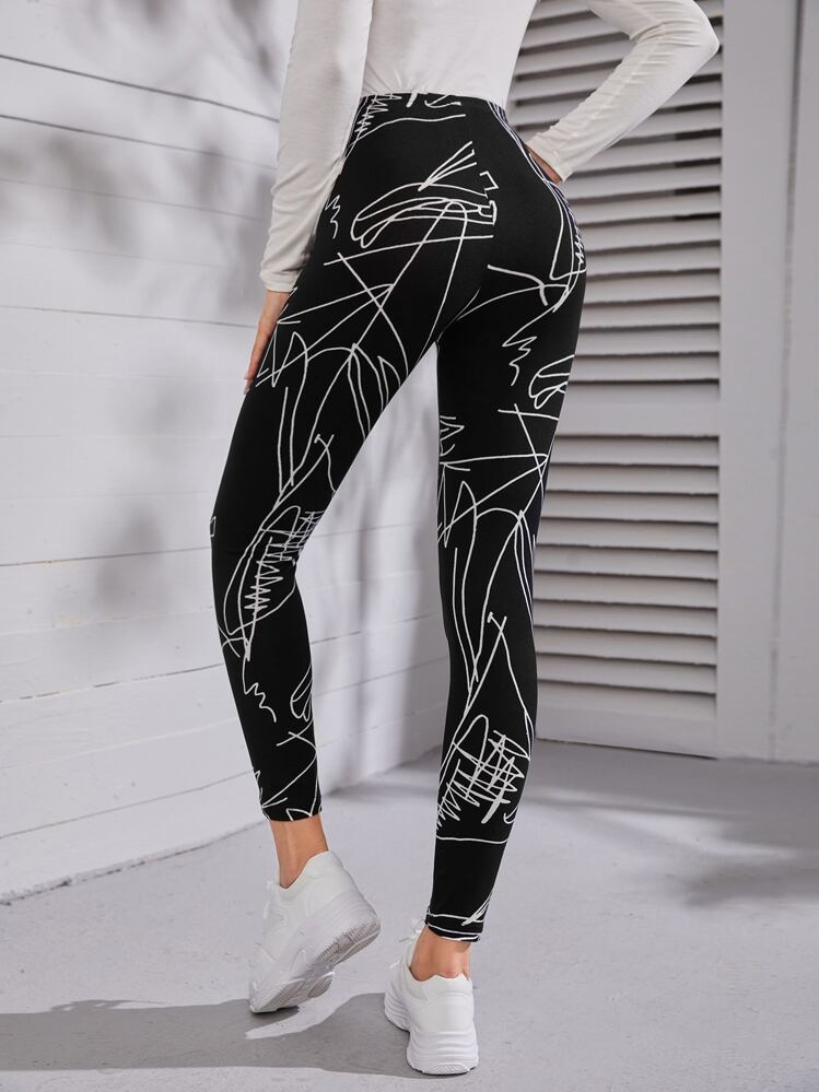 Seusyu Leggings de talle alto línea con estampado - Negro - Añade 2