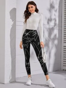 Seusyu High Waist Line Print Leggings - Black - View 3