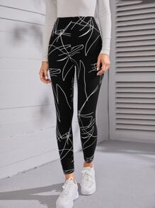 Seusyu High Waist Line Print Leggings - Black - View 5