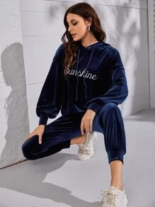 Mulvari 字母刺繡落肩袖抽繩絲絨連帽衫和衛褲 - 藏蓝色 - 查看 3