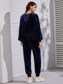 Mulvari 字母刺繡落肩袖抽繩絲絨連帽衫和衛褲 - 藏蓝色 - 查看 2