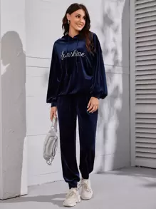 Mulvari 字母刺繡落肩袖抽繩絲絨連帽衫和衛褲 - 藏蓝色 - 查看 1