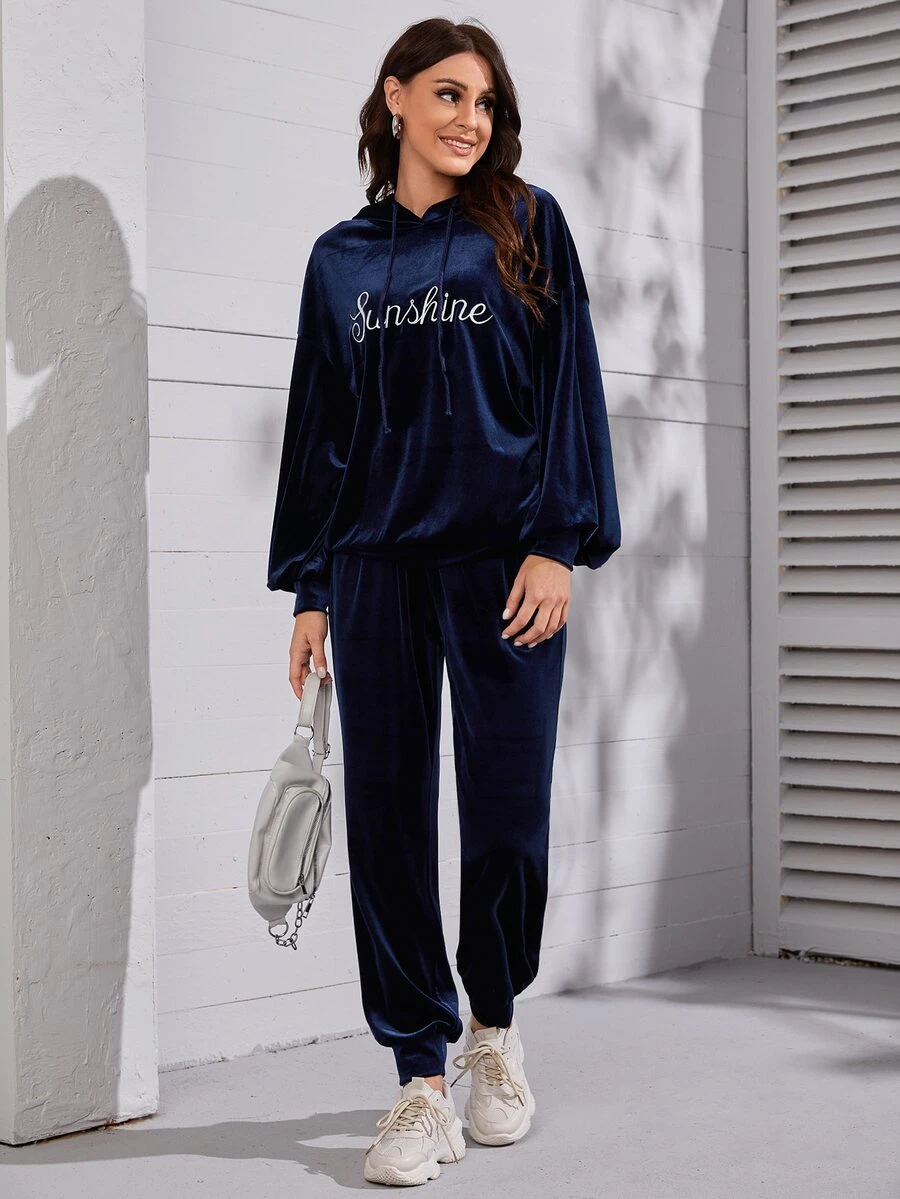 Mulvari 字母刺繡落肩袖抽繩絲絨連帽衫和衛褲 - 藏蓝色 - 查看 1