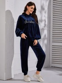 Mulvari 字母刺繡落肩袖抽繩絲絨連帽衫和衛褲 - 藏蓝色 - 查看 6