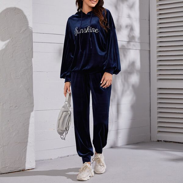 

Letter Embroidery Drop Shoulder Drawstring Velvet Hoodie & Sweatpants, Navy blue
