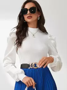 Modelyn Puff Sleeve Mock Neck T-Shirt - White - View 1