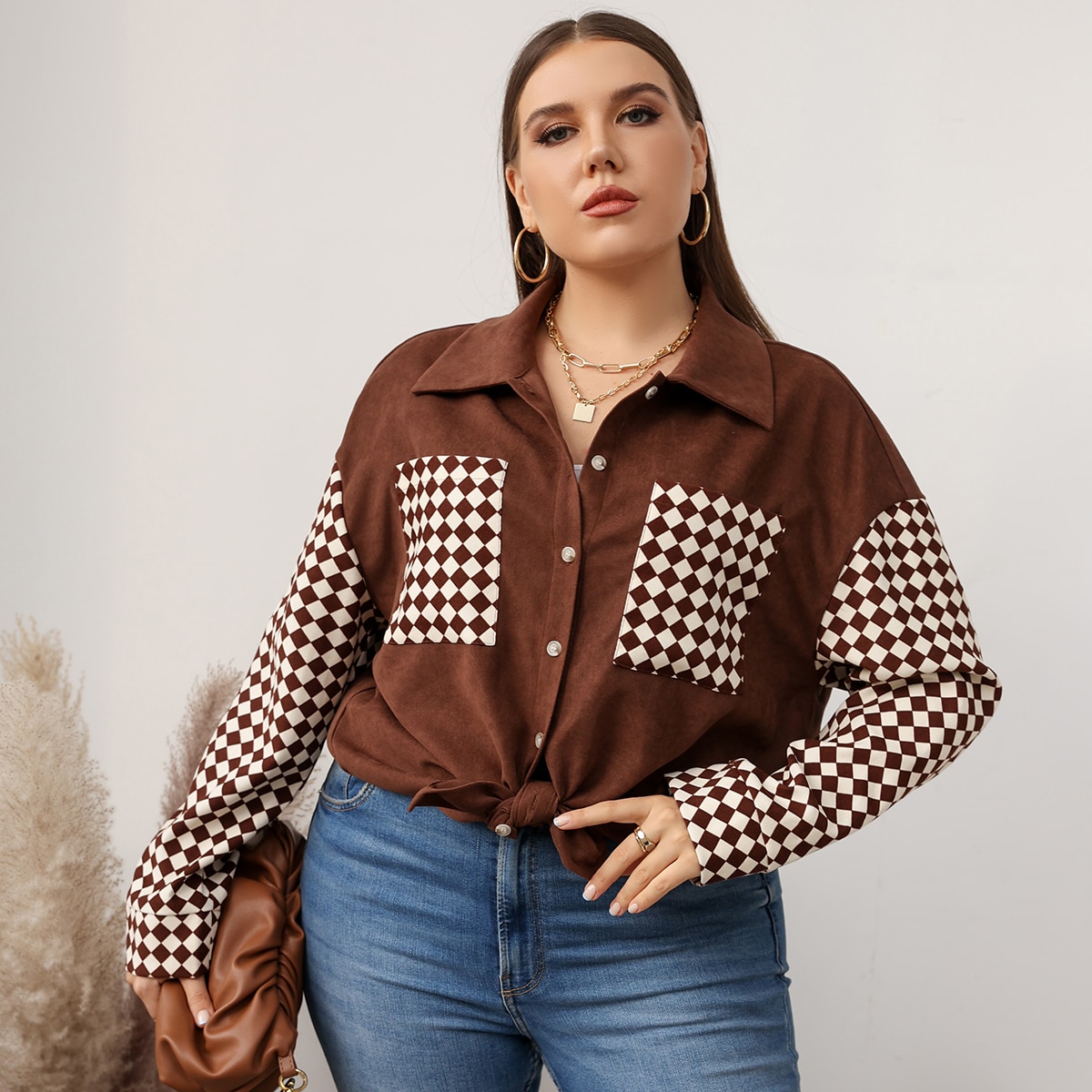 размера плюс Пальто контрастный в клетку в клетку