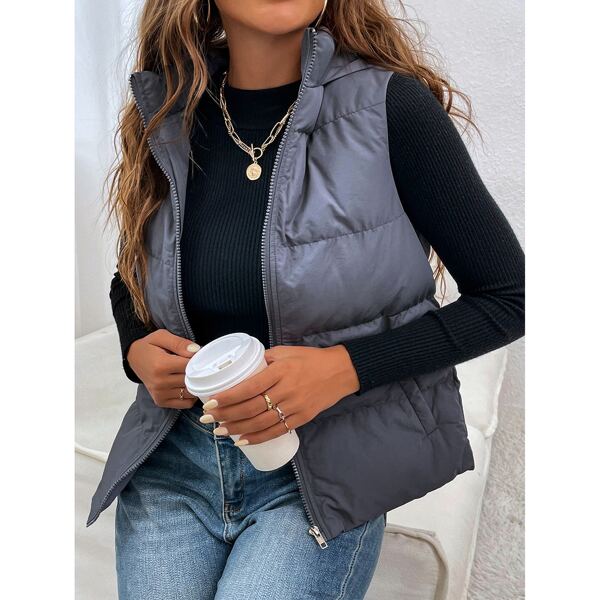 

Zipper Up Slant Pocket Hooded Sleeveless Puffer Coat, Navy blue