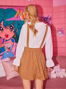 ROMWE Kawaii 卡通圖案燈芯絨口袋背帶裙