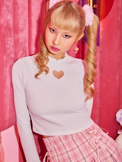 Kawaii Solid Heart Cut Out Ribbed Crop Tee