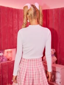 ROMWE Kawaii Solid Heart Cut Out Ribbed Crop Tee - White - View 2