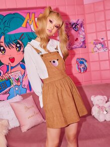 ROMWE Kawaii 卡通圖案燈芯絨口袋背帶裙