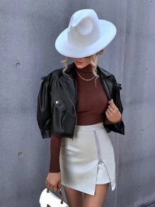 SHEIN BAE PU Bishop Sleeve Belted Moto Jacket - Black - View 3