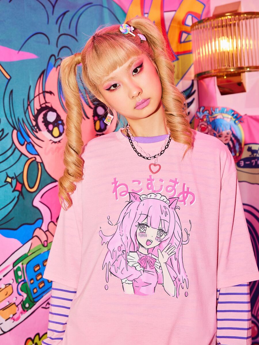 Kawaii Figure Graphic Drop Shoulder Tee - Baby Pink - View 1