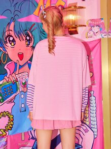 Kawaii Figure Graphic Drop Shoulder Tee - Baby Pink - View 2
