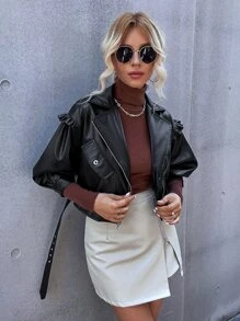 SHEIN BAE PU Bishop Sleeve Belted Moto Jacket - Black - View 4
