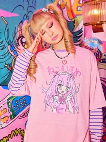 Kawaii Figure Graphic Drop Shoulder Tee - Baby Pink - View 3