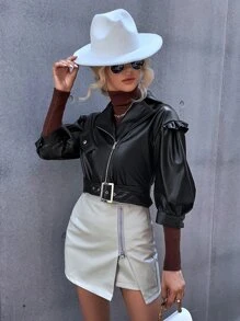 SHEIN BAE PU Bishop Sleeve Belted Moto Jacket - Black - View 5