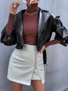 SHEIN BAE PU Bishop Sleeve Belted Moto Jacket - Black - View 6