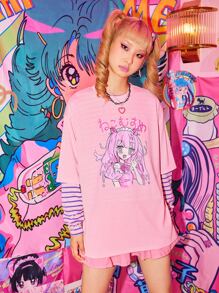 Kawaii Figure Graphic Drop Shoulder Tee - Baby Pink - View 4