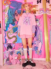 Kawaii Figure Graphic Drop Shoulder Tee - Baby Pink - View 5