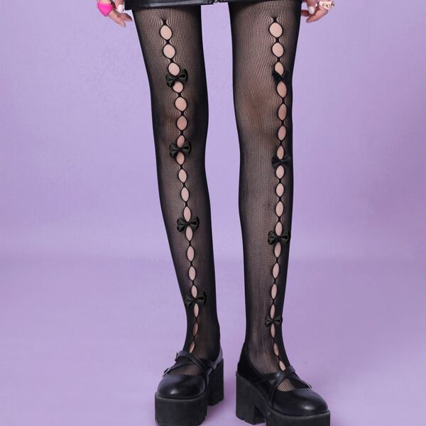 

Bow Decor Cut-Out Fishnet Tights, Black