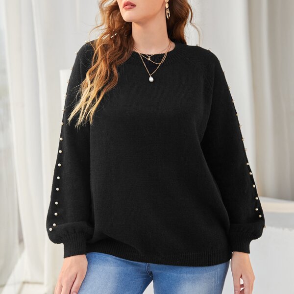 

Plus Pearl Beaded Bishop Sleeve Sweater, Black