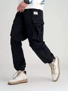 Manfinity Quần Nam Dây kéo Đắp vá Túi Slogan Đường phố - màu đen - Xem 1