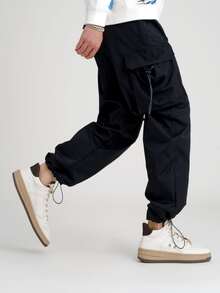 Manfinity Quần Nam Dây kéo Đắp vá Túi Slogan Đường phố - màu đen - Xem 3