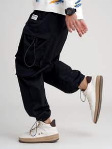 Manfinity Quần Nam Dây kéo Đắp vá Túi Slogan Đường phố - màu đen - Xem 7