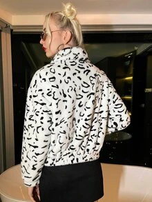 SHEIN Leopard Print Drop Shoulder Fuzzy Coat - Black and White - View 4