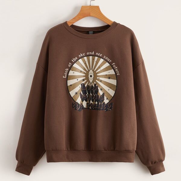 

Drop Shoulder Letter & Graphic Pattern Pullover, Coffee brown