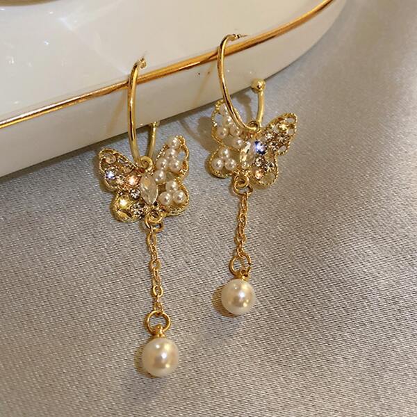 

Butterfly Design Faux Pearl Drop Earrings, Gold