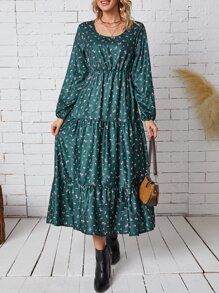EMERY ROSE Ditsy Floral Bishop Sleeve Ruffle Hem Dress - Dark Green - View 1