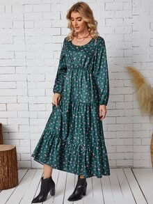 EMERY ROSE Ditsy Floral Bishop Sleeve Ruffle Hem Dress - Dark Green - View 4