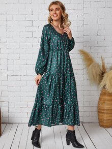 EMERY ROSE Ditsy Floral Bishop Sleeve Ruffle Hem Dress - Dark Green - View 5