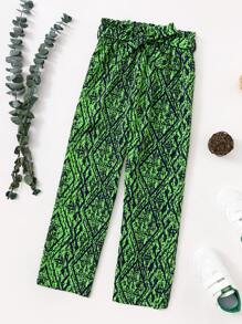 Girls Allover Print Belted Wide Leg Trousers - Green - View 1