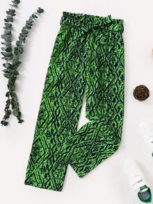 Girls Allover Print Belted Wide Leg Trousers - Green - View 3