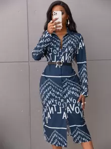 Random Letter Graphic Shirt Dress Without Belt - Blue and White - View 1