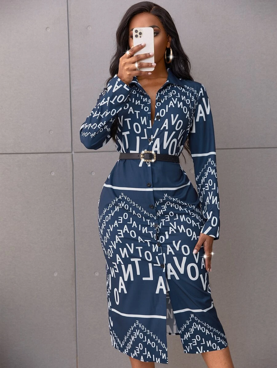 Random Letter Graphic Shirt Dress Without Belt - Blue and White - View 1