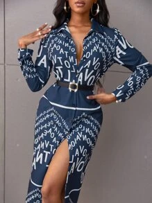 Random Letter Graphic Shirt Dress Without Belt - Blue and White - View 3