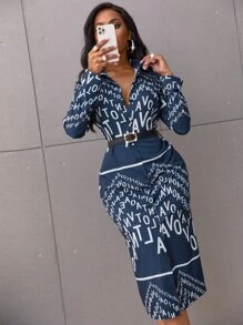 Random Letter Graphic Shirt Dress Without Belt - Blue and White - View 4