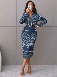 Random Letter Graphic Shirt Dress Without Belt - Blue and White - View 5